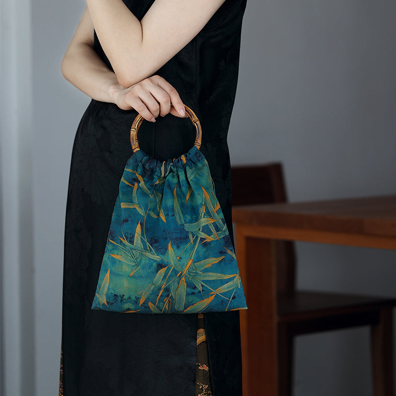 [Chinoiserie] Leaves Printed Silk Bamboo Handle Handbag