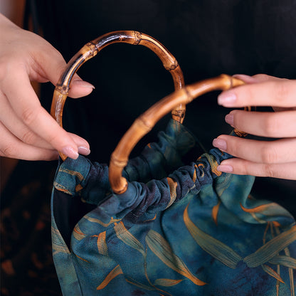 [Chinoiserie] Leaves Printed Silk Bamboo Handle Handbag