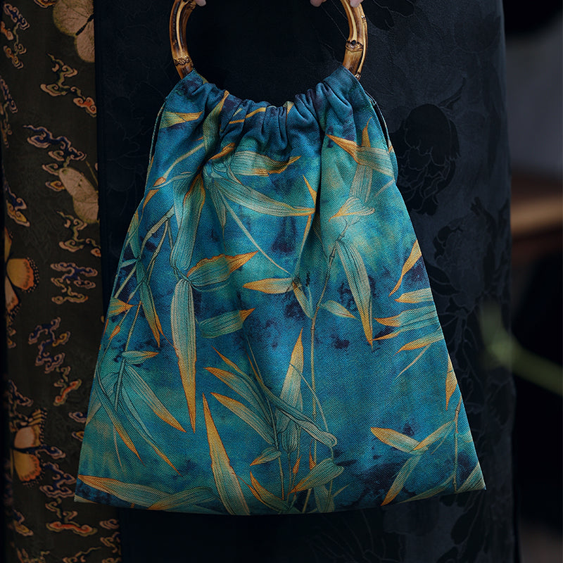[Chinoiserie] Leaves Printed Silk Bamboo Handle Handbag
