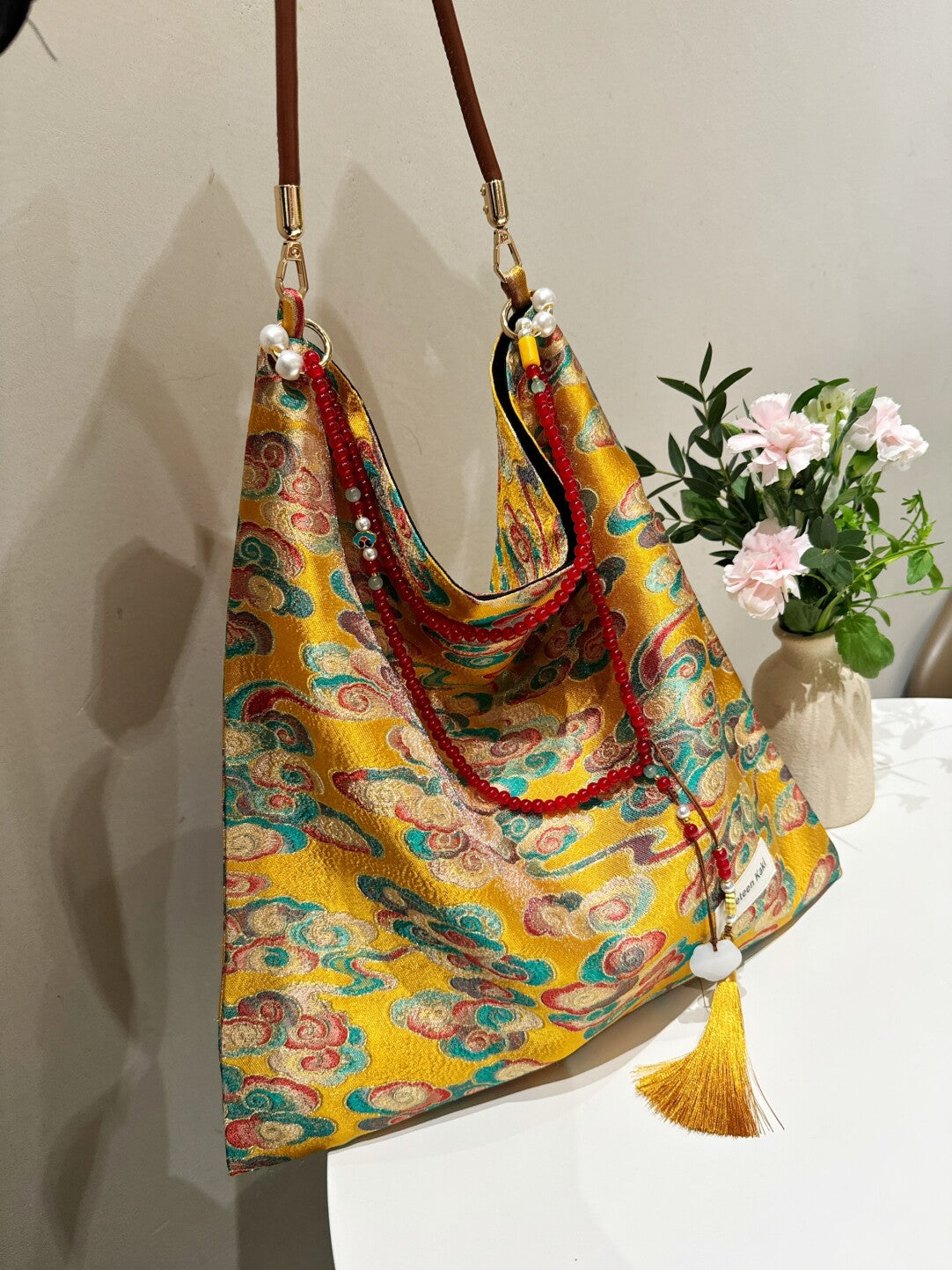 [Chinoiserie] Luxury Auspicious Clouds Beaded Tassel Silk Bag | Bag | Three Fleas