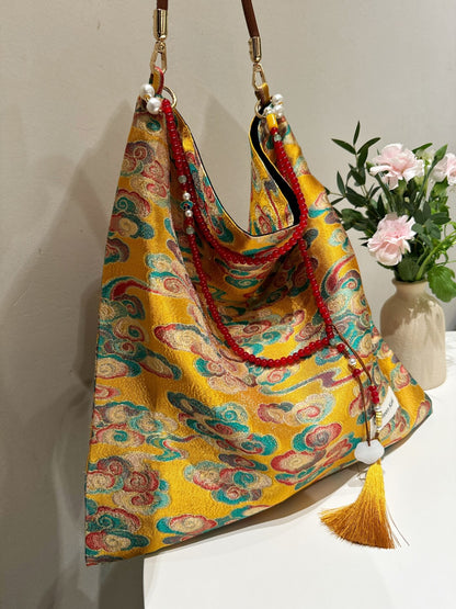 [Chinoiserie] Luxury Auspicious Clouds Beaded Tassel Silk Bag | Bag | Three Fleas