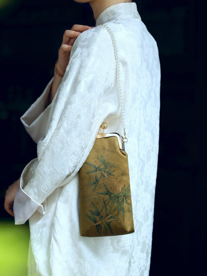 [Chinoiserie] Luxury Bamboo Leaves Silk Frame Clutch Bag