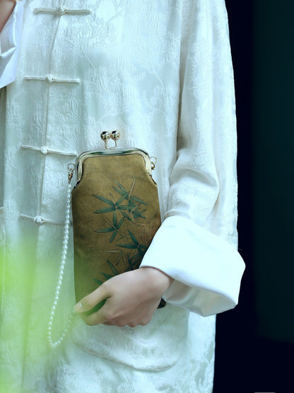 [Chinoiserie] Luxury Bamboo Leaves Silk Frame Clutch Bag