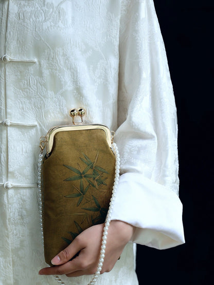 [Chinoiserie] Luxury Bamboo Leaves Silk Frame Clutch Bag