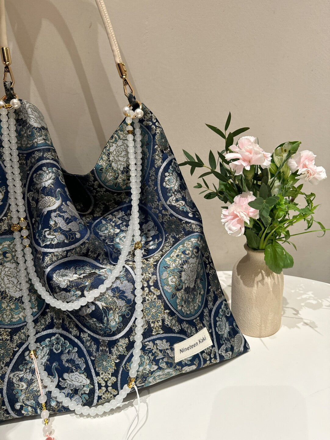 [Chinoiserie] Luxury Blue Crane Beaded Tassel Silk Bag | Bag | Three Fleas