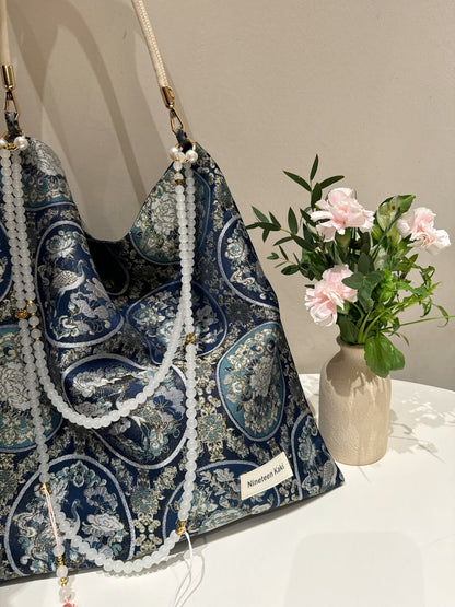 [Chinoiserie] Luxury Blue Crane Beaded Tassel Silk Bag | Bag | Three Fleas