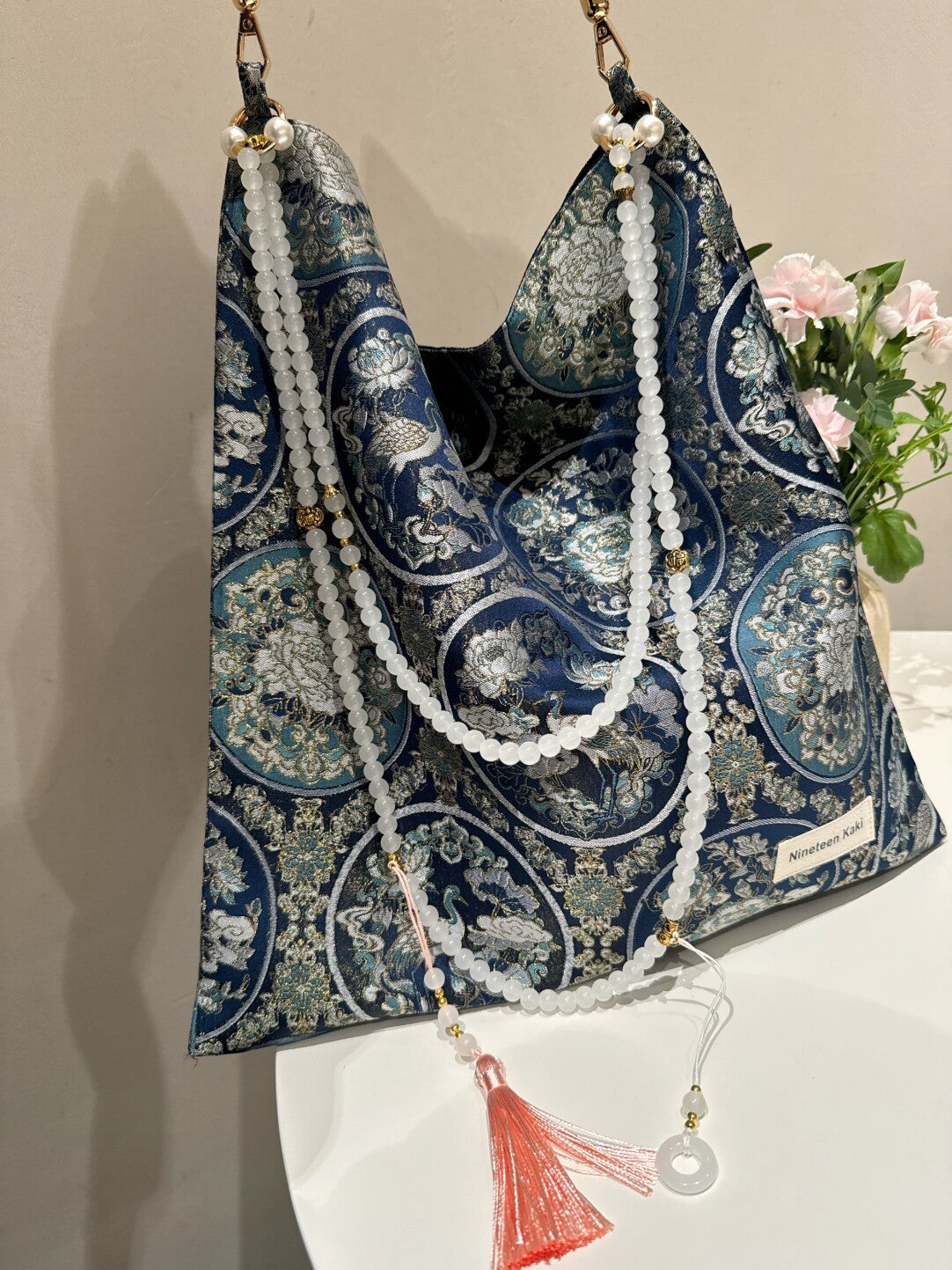 [Chinoiserie] Luxury Blue Crane Beaded Tassel Silk Bag | Bag | Three Fleas