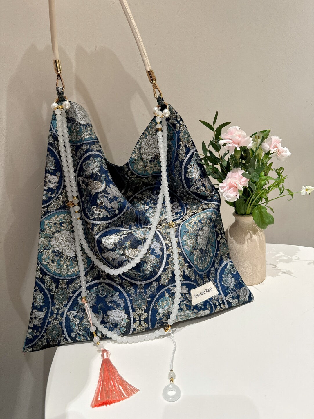 [Chinoiserie] Luxury Blue Crane Beaded Tassel Silk Bag | Bag | Three Fleas
