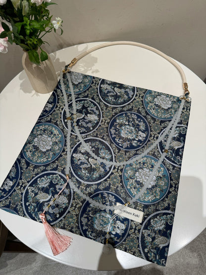 [Chinoiserie] Luxury Blue Crane Beaded Tassel Silk Bag | Bag | Three Fleas