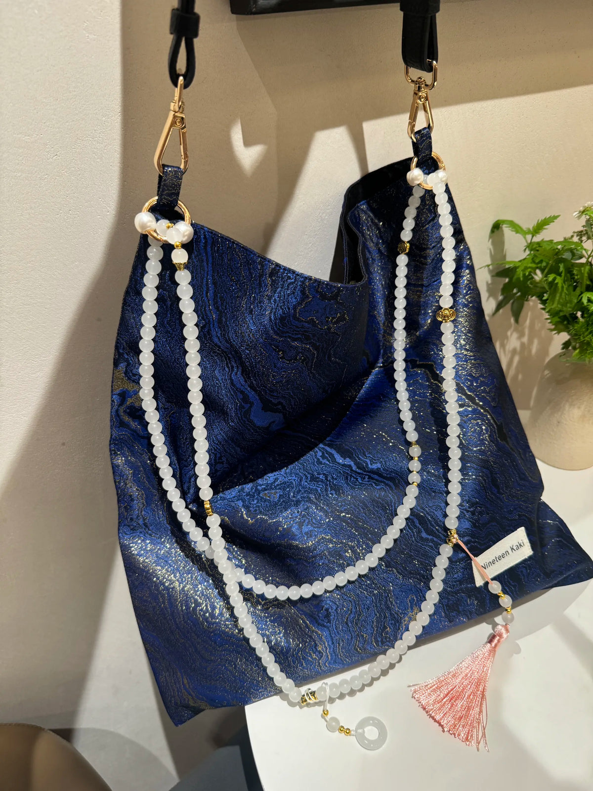 [Chinoiserie] Luxury Blue Metallic Jade Beaded Tassel Silk Bag | Bag | Three Fleas