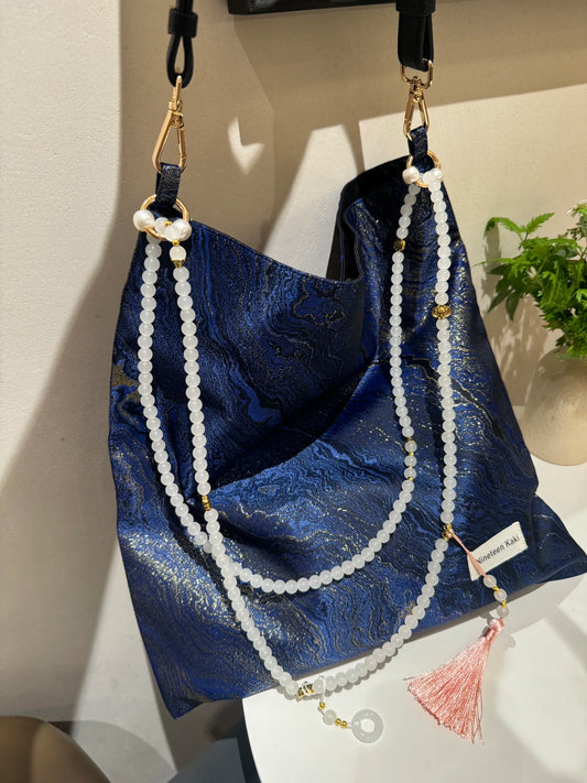 [Chinoiserie] Luxury Blue Metallic Jade Beaded Tassel Silk Bag | Bag | Three Fleas
