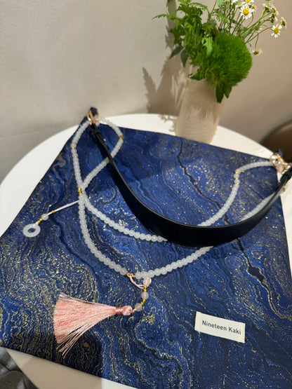 [Chinoiserie] Luxury Blue Metallic Jade Beaded Tassel Silk Bag | Bag | Three Fleas