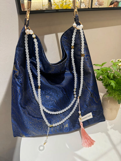 [Chinoiserie] Luxury Blue Metallic Jade Beaded Tassel Silk Bag | Bag | Three Fleas