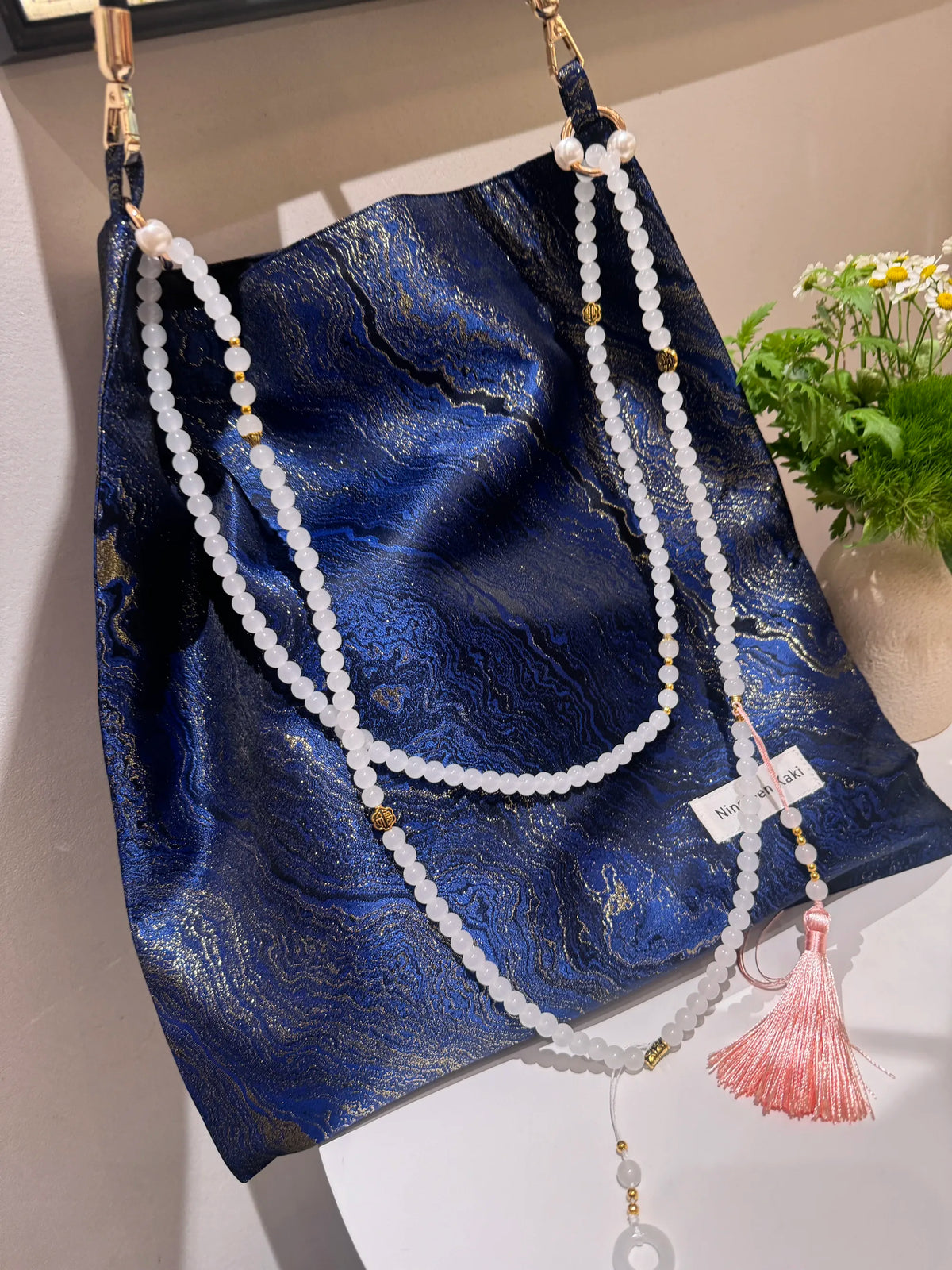 [Chinoiserie] Luxury Blue Metallic Jade Beaded Tassel Silk Bag | Bag | Three Fleas