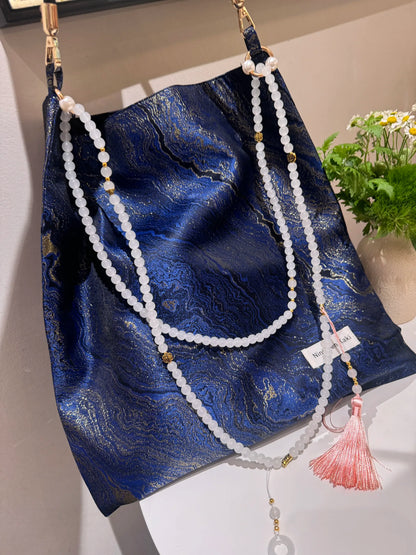 [Chinoiserie] Luxury Blue Metallic Jade Beaded Tassel Silk Bag | Bag | Three Fleas