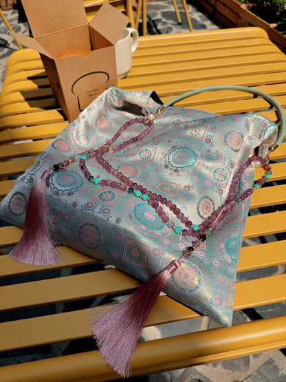 [Chinoiserie] Luxury Classic Pattern Jade Beaded Tassel Silk Bag