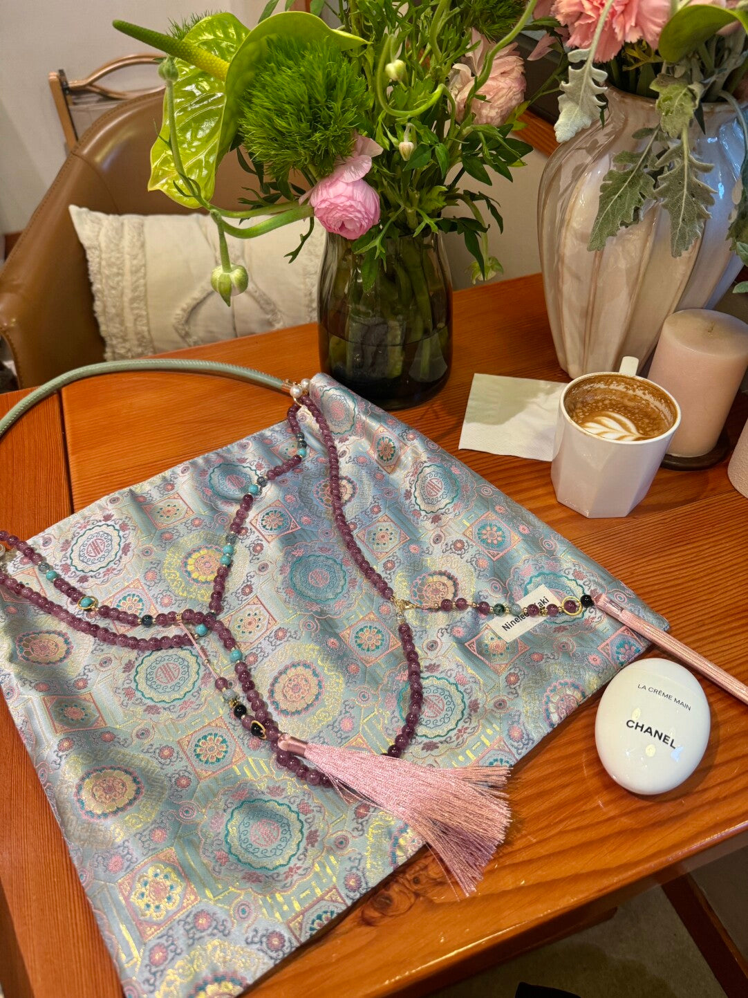 [Chinoiserie] Luxury Classic Pattern Jade Beaded Tassel Silk Bag