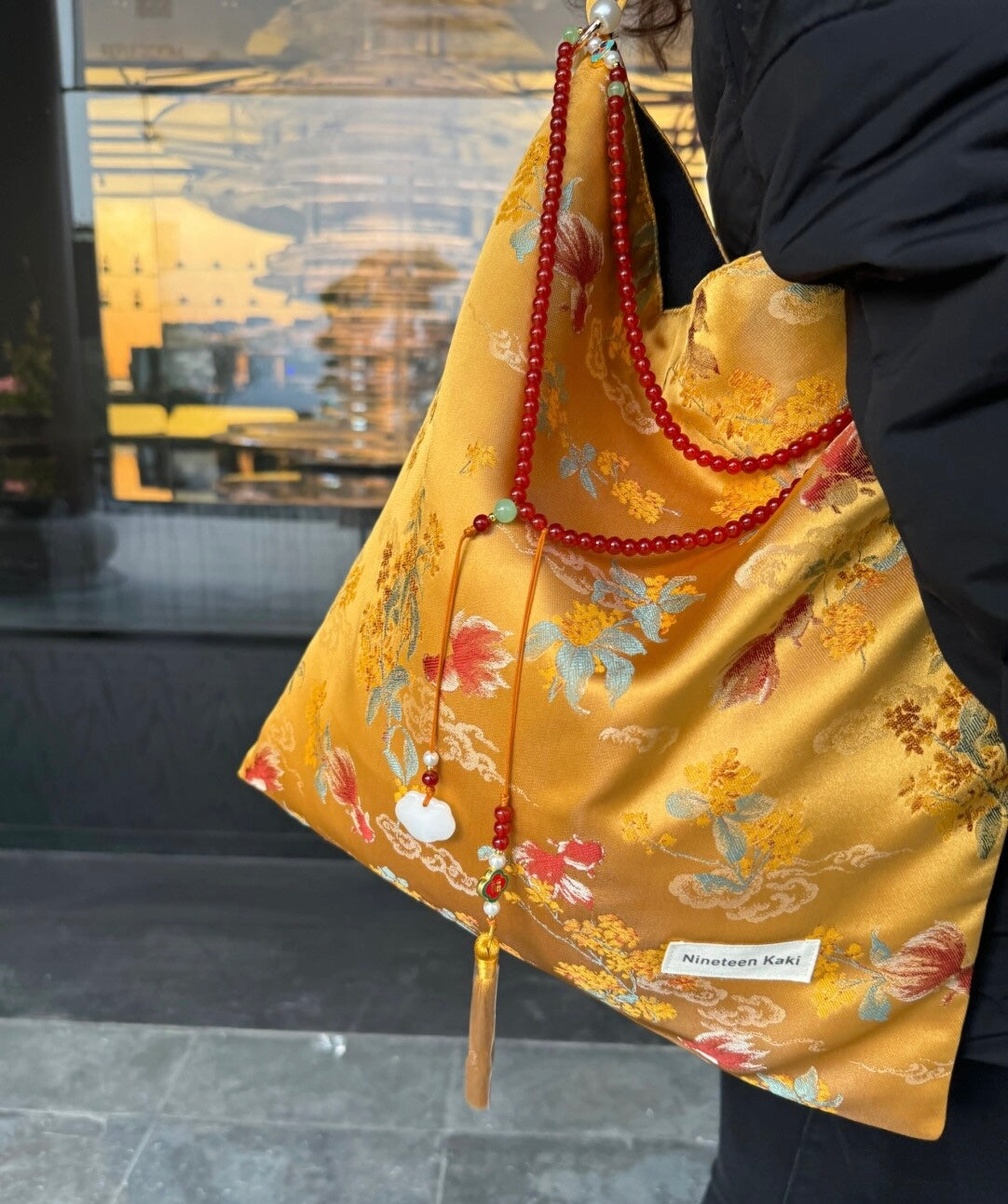 [Chinoiserie] Luxury Goldfish Red Beaded Tassel Silk Bag