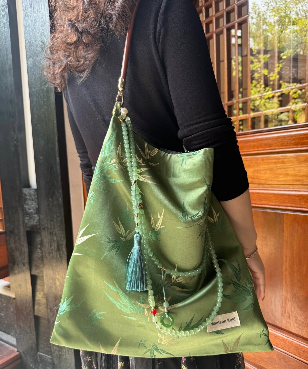 [Chinoiserie] Luxury Green Bamboo Jade Beaded Tassel Silk Bag