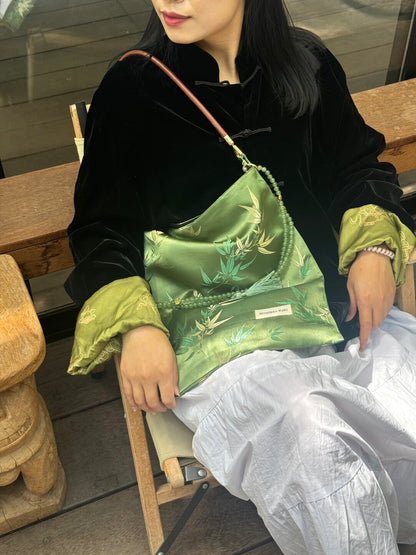 [Chinoiserie] Luxury Green Bamboo Jade Beaded Tassel Silk Bag