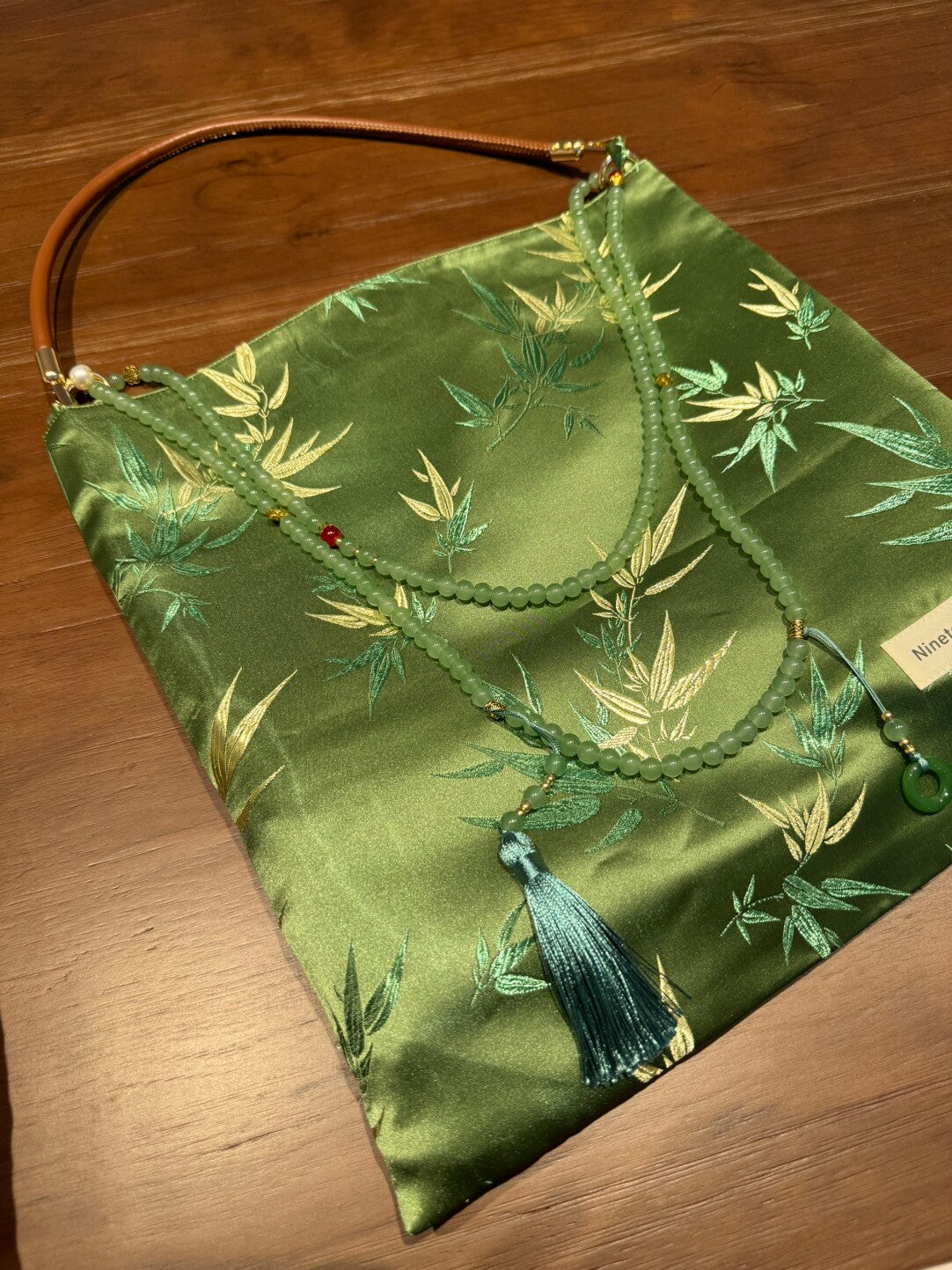 [Chinoiserie] Luxury Green Bamboo Jade Beaded Tassel Silk Bag