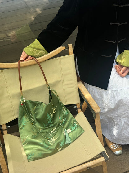 [Chinoiserie] Luxury Green Bamboo Jade Beaded Tassel Silk Bag