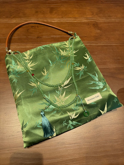 [Chinoiserie] Luxury Green Bamboo Jade Beaded Tassel Silk Bag