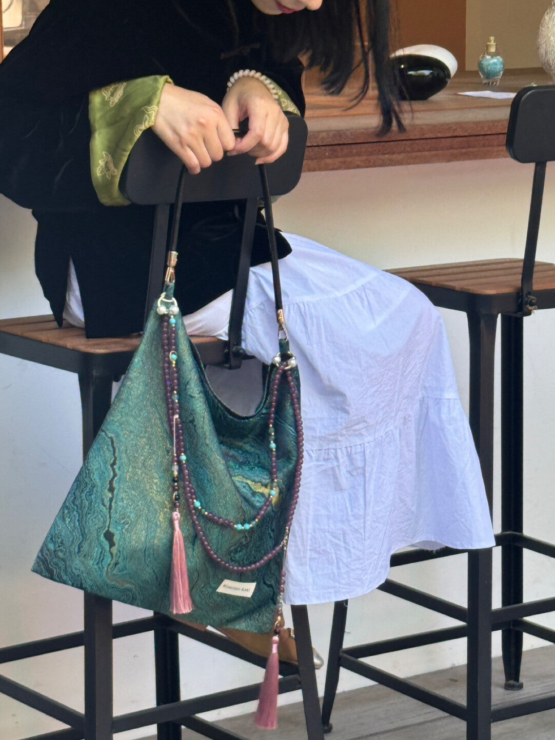 [Chinoiserie] Luxury Green Metallic Jade Beaded Tassel Silk Bag