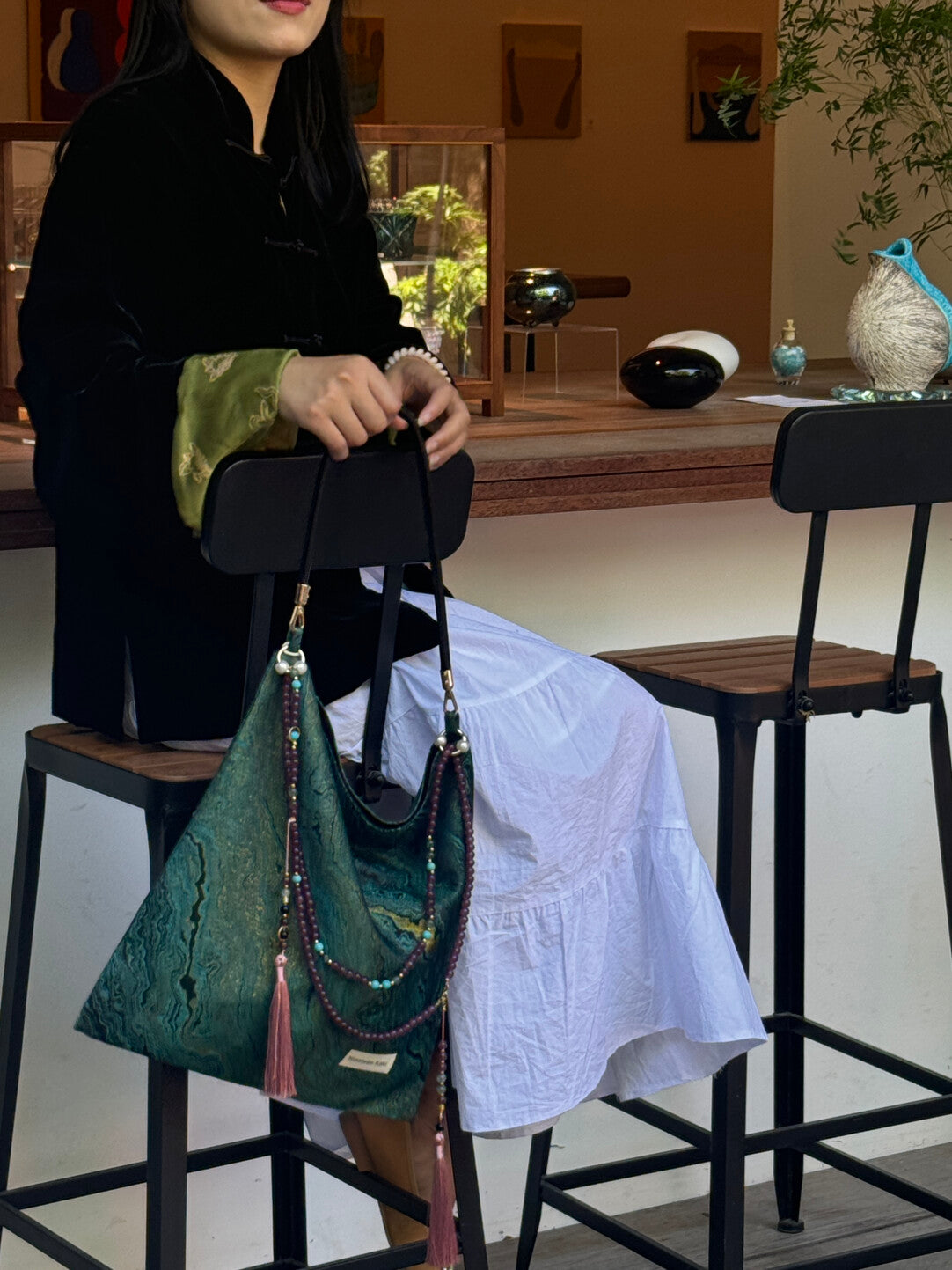 [Chinoiserie] Luxury Green Metallic Jade Beaded Tassel Silk Bag