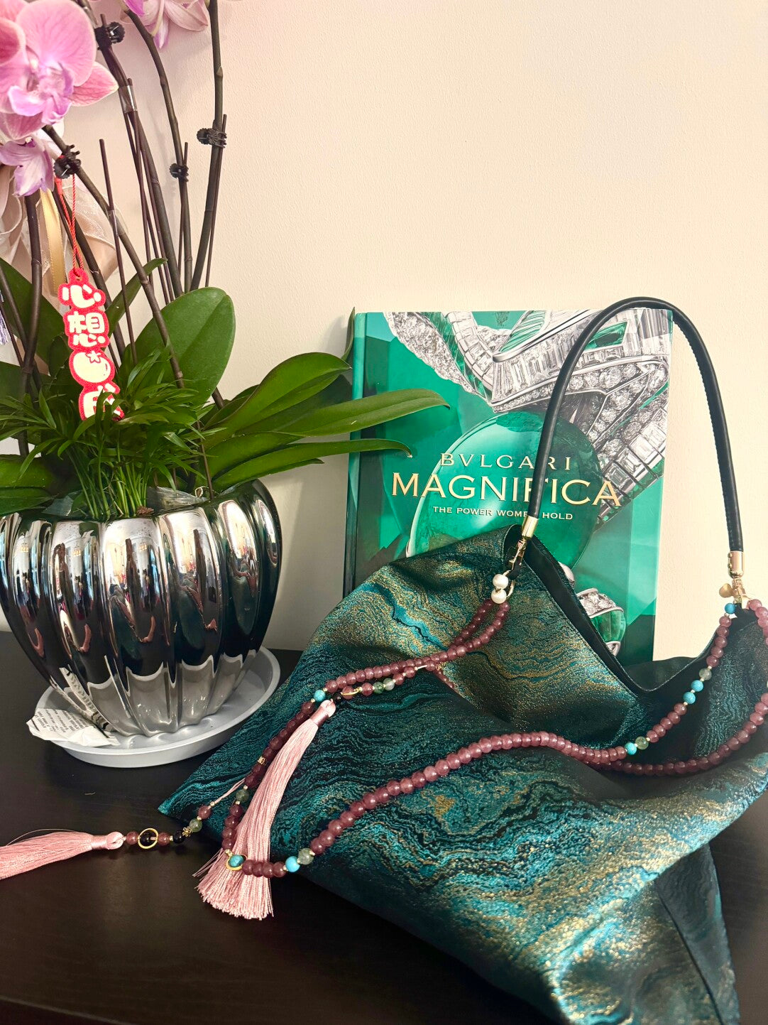 [Chinoiserie] Luxury Green Metallic Jade Beaded Tassel Silk Bag