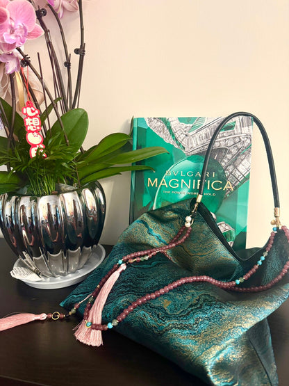 [Chinoiserie] Luxury Green Metallic Jade Beaded Tassel Silk Bag