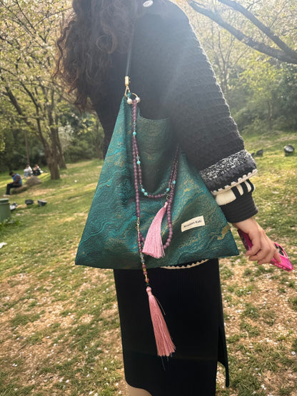 [Chinoiserie] Luxury Green Metallic Jade Beaded Tassel Silk Bag