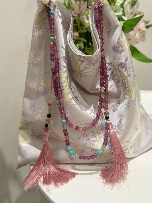 [Chinoiserie] Luxury Light Purple Orchid Jade Beaded Tassel Silk Bag
