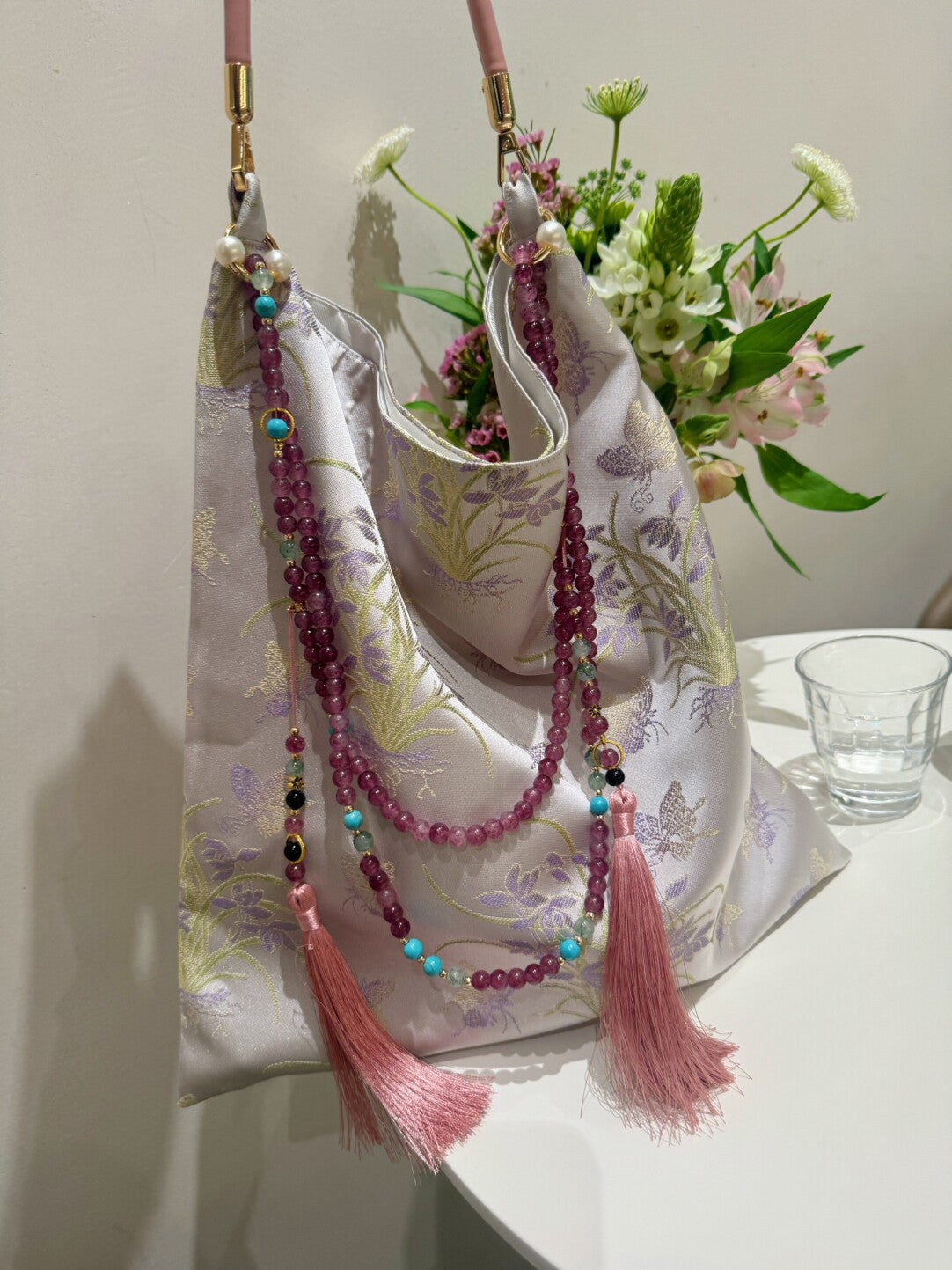 [Chinoiserie] Luxury Light Purple Orchid Jade Beaded Tassel Silk Bag