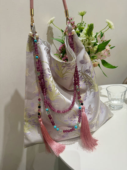 [Chinoiserie] Luxury Light Purple Orchid Jade Beaded Tassel Silk Bag