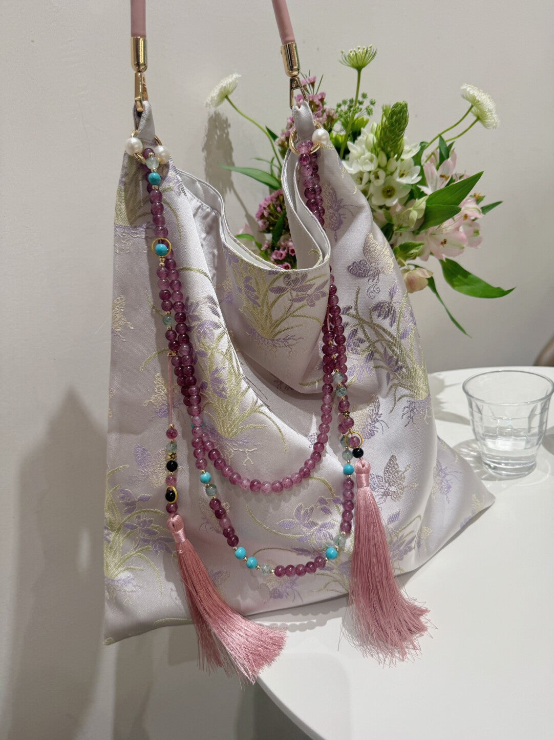 [Chinoiserie] Luxury Light Purple Orchid Jade Beaded Tassel Silk Bag