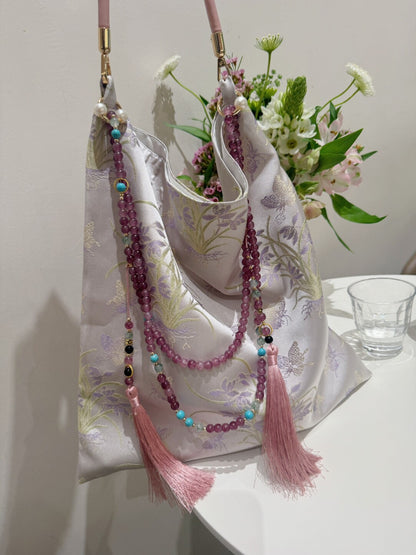 [Chinoiserie] Luxury Light Purple Orchid Jade Beaded Tassel Silk Bag