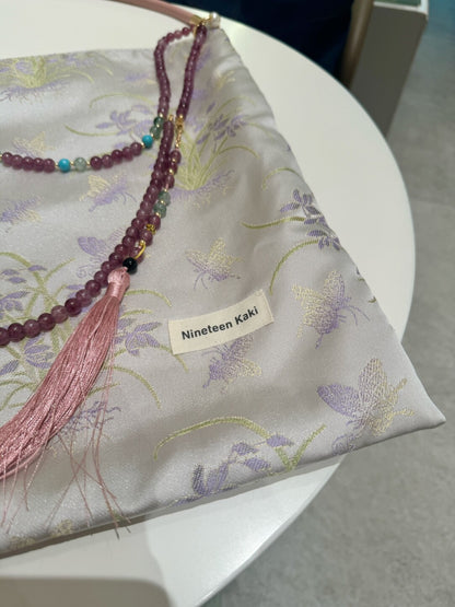 [Chinoiserie] Luxury Light Purple Orchid Jade Beaded Tassel Silk Bag