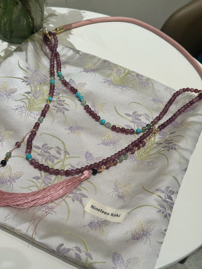 [Chinoiserie] Luxury Light Purple Orchid Jade Beaded Tassel Silk Bag