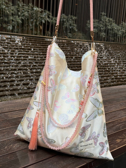 [Chinoiserie] Luxury Moonlight Butterfly Jade Beaded Tassel Silk Bag