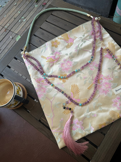 [Chinoiserie] Luxury Peach Blossom Magpie Purple Beads Tassel Silk Bag