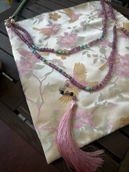 [Chinoiserie] Luxury Peach Blossom Magpie Purple Beads Tassel Silk Bag