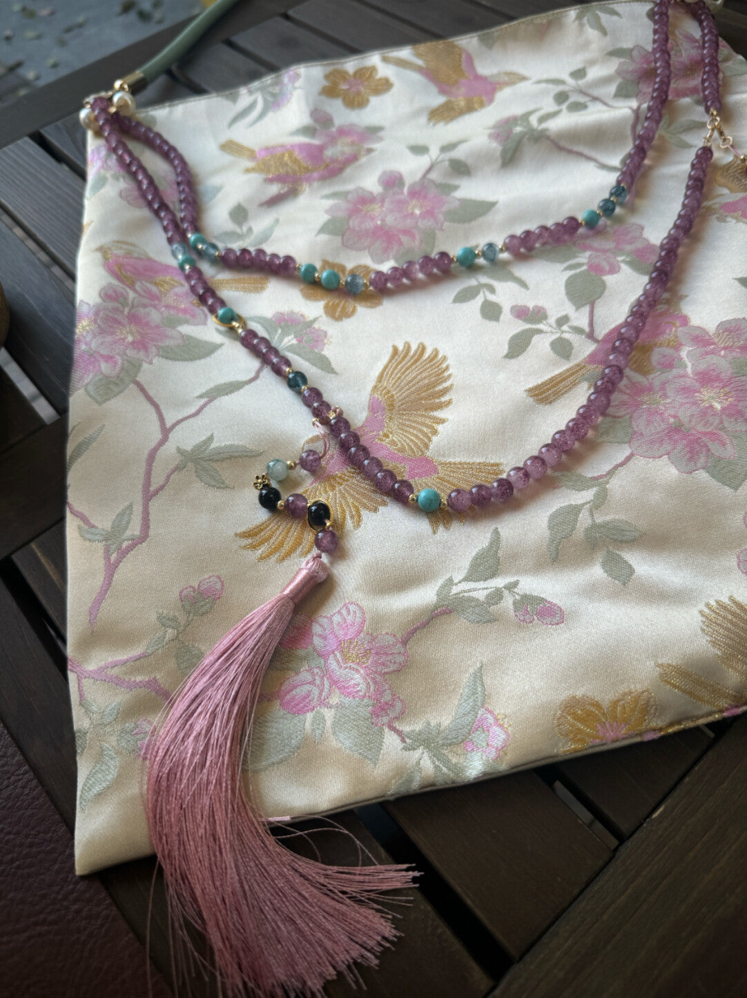 [Chinoiserie] Luxury Peach Blossom Magpie Purple Beads Tassel Silk Bag