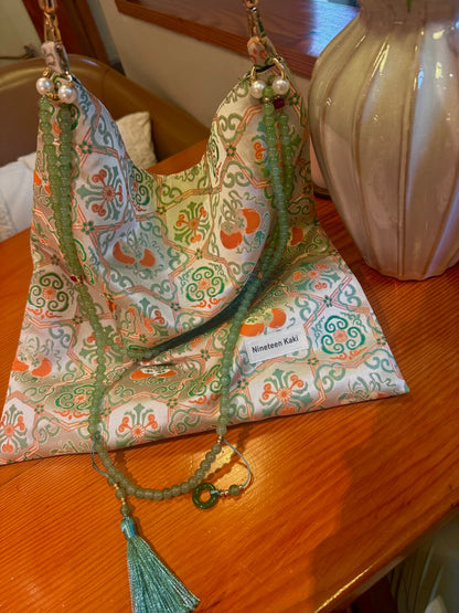 [Chinoiserie] Luxury Persimmon Jade Beaded Tassel Silk Bag