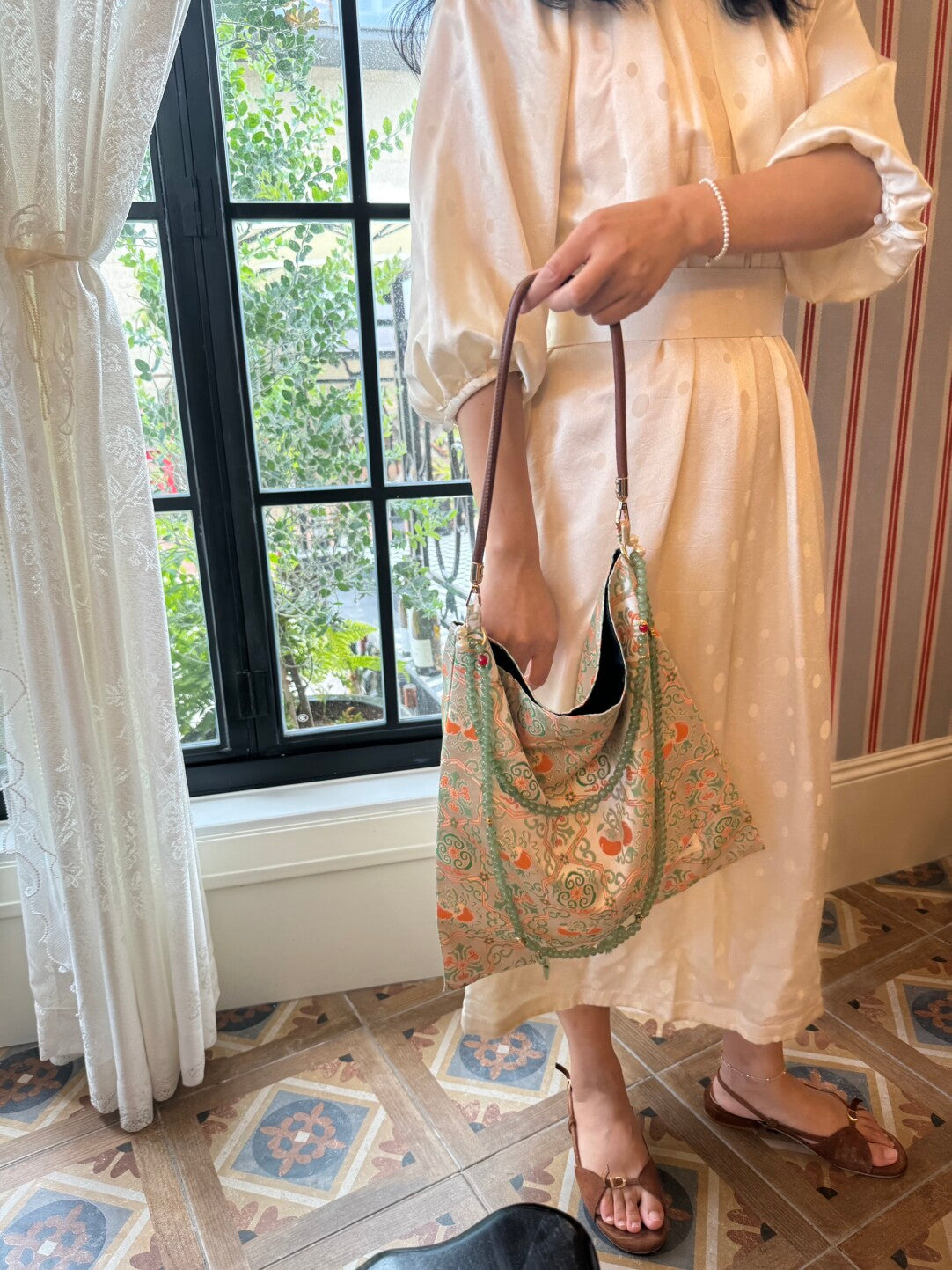 [Chinoiserie] Luxury Persimmon Jade Beaded Tassel Silk Bag