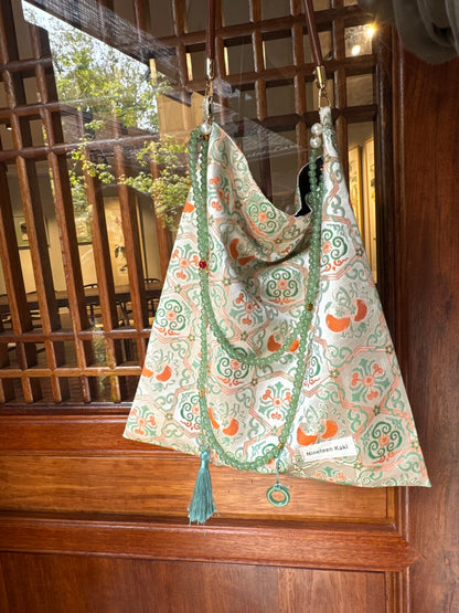 [Chinoiserie] Luxury Persimmon Jade Beaded Tassel Silk Bag