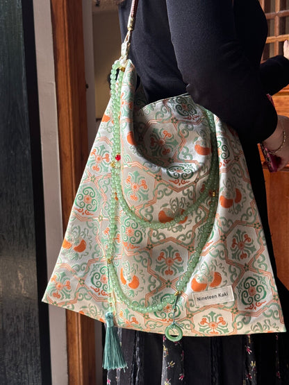 [Chinoiserie] Luxury Persimmon Jade Beaded Tassel Silk Bag