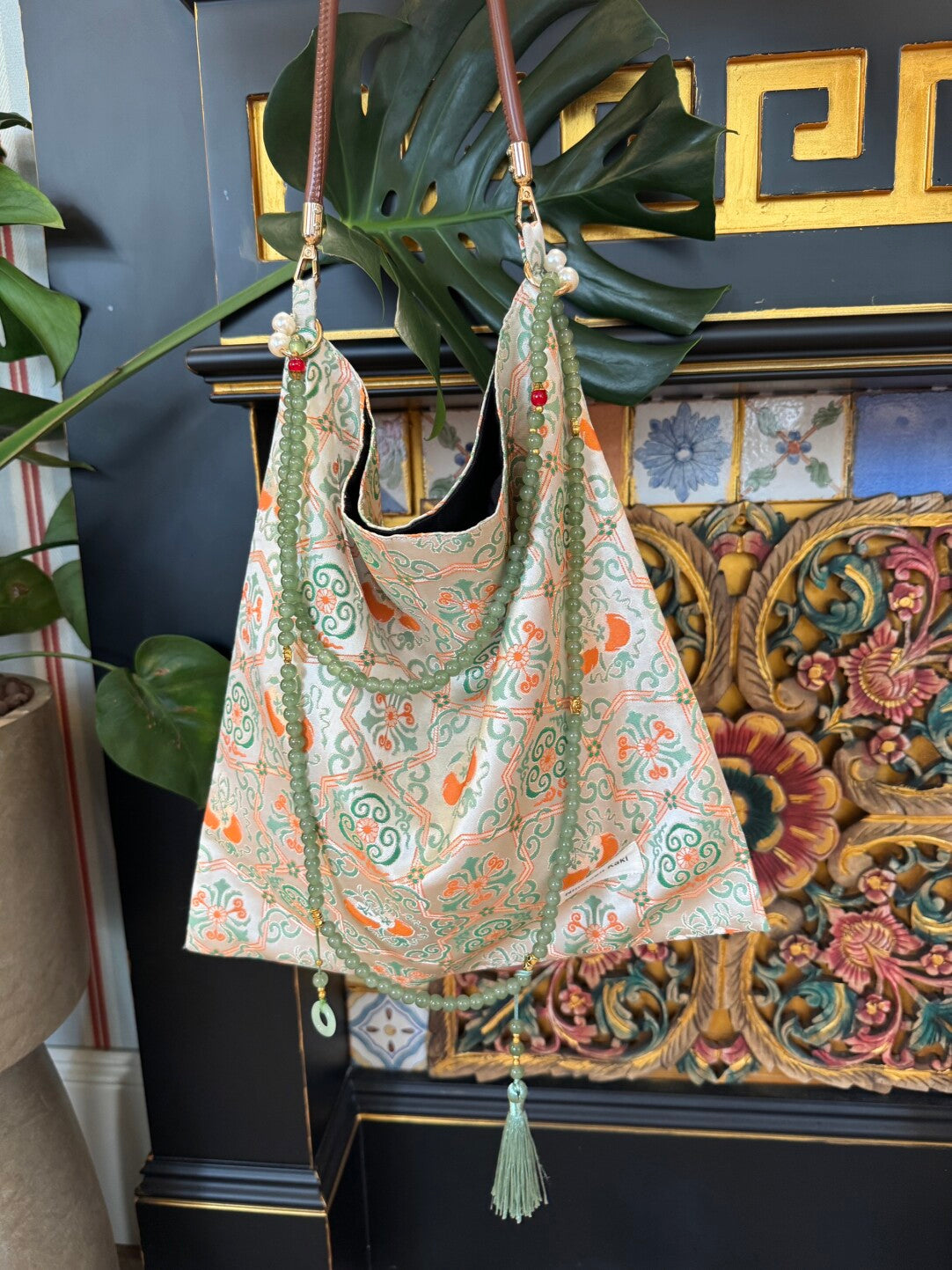 [Chinoiserie] Luxury Persimmon Jade Beaded Tassel Silk Bag