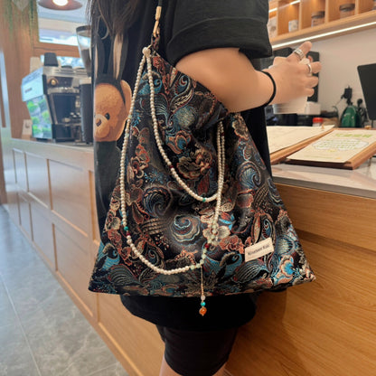 [Chinoiserie] Luxury Phoenix Tail Pearl Beaded Tassel Silk Bag