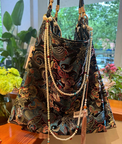 [Chinoiserie] Luxury Phoenix Tail Pearl Beaded Tassel Silk Bag